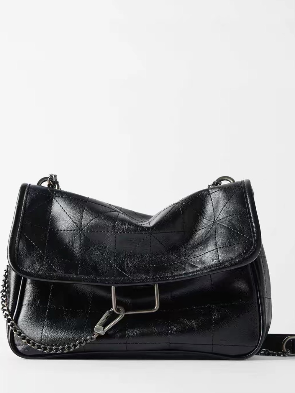 Zara Black Quilted Leather Shoulder Bag with Chain Detail